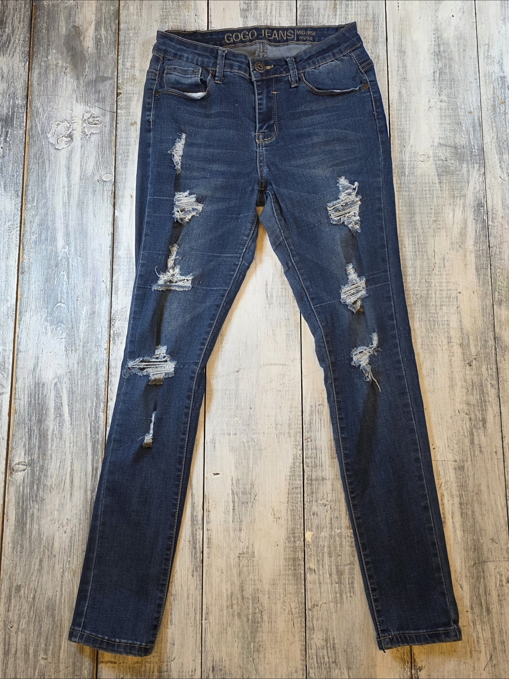 GOGO Women's Dark Blue Distressed Mid Rise Skinny Ankle Jeans sz 5